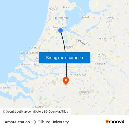 Amstelstation to Tilburg University map