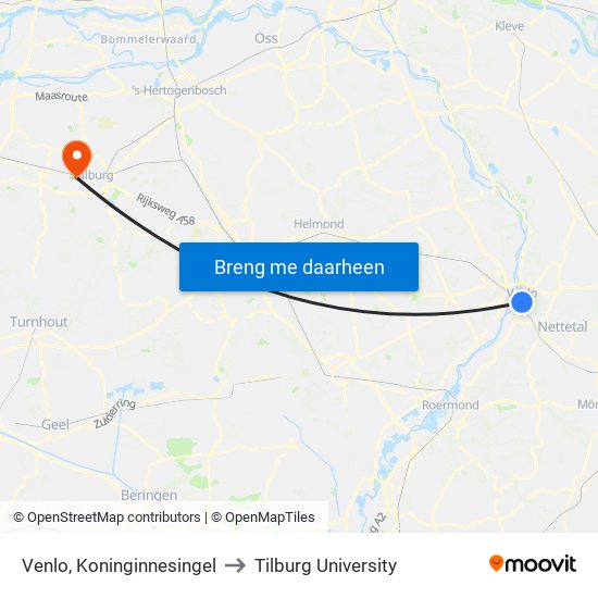 Venlo, Koninginnesingel to Tilburg University map