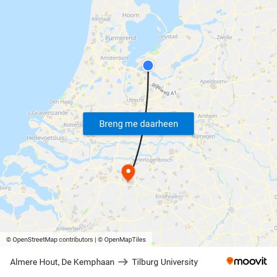 Almere Hout, De Kemphaan to Tilburg University map