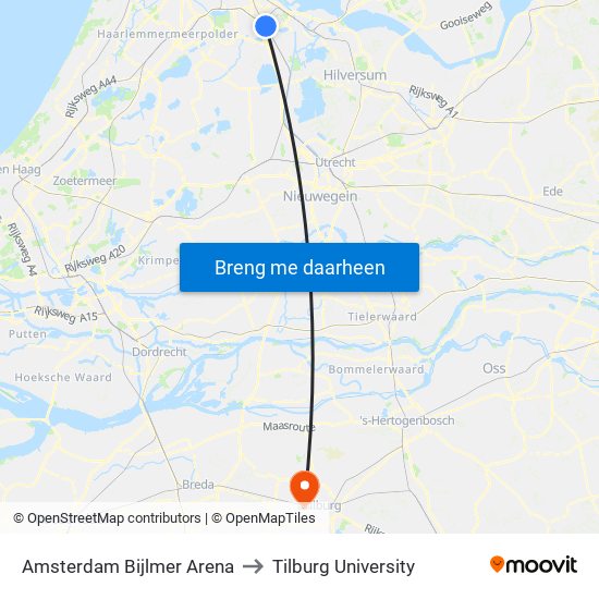 Amsterdam Bijlmer Arena to Tilburg University map