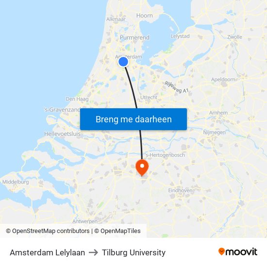 Amsterdam Lelylaan to Tilburg University map