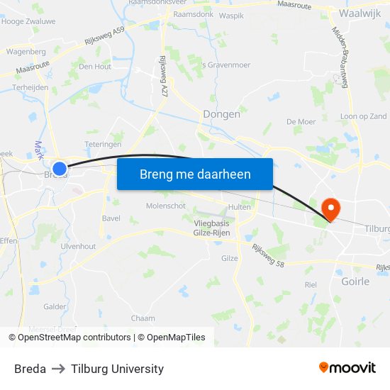 Breda to Tilburg University map