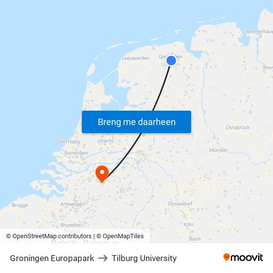 Groningen Europapark to Tilburg University map