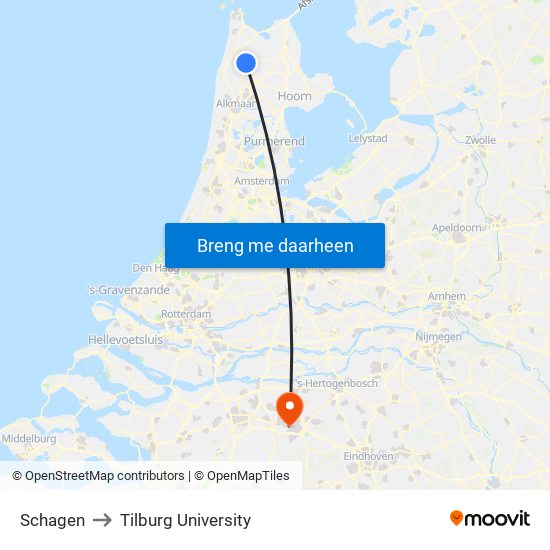 Schagen to Tilburg University map