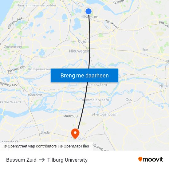 Bussum Zuid to Tilburg University map