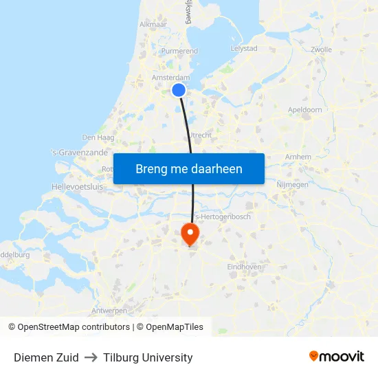 Diemen Zuid to Tilburg University map