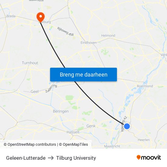 Geleen-Lutterade to Tilburg University map
