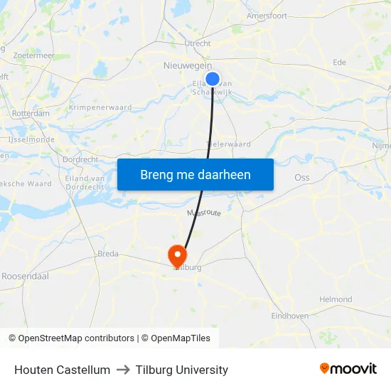 Houten Castellum to Tilburg University map