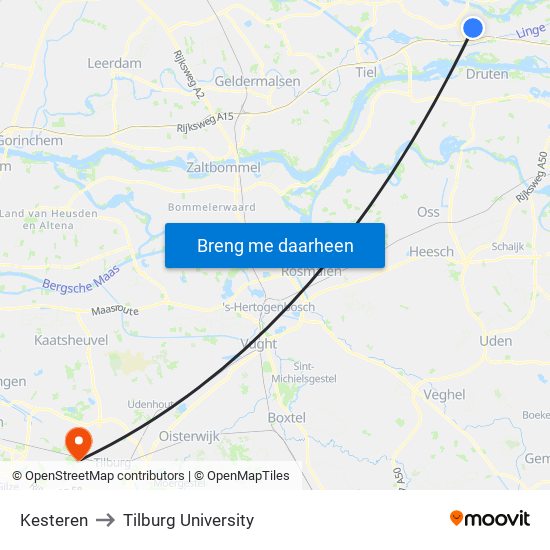 Kesteren to Tilburg University map