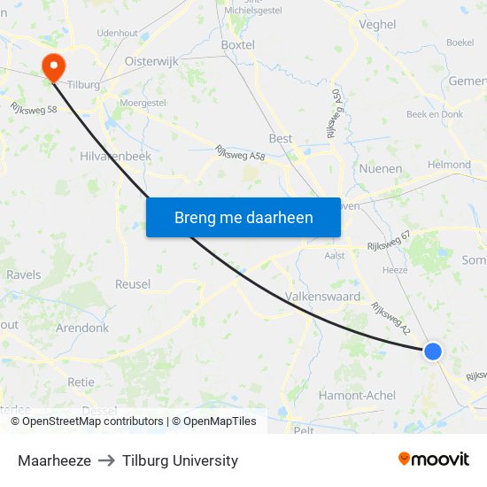 Maarheeze to Tilburg University map