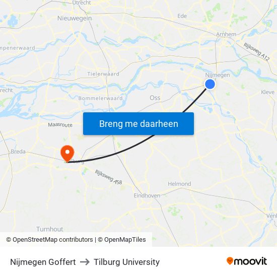 Nijmegen Goffert to Tilburg University map