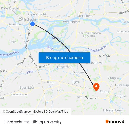 Dordrecht to Tilburg University map