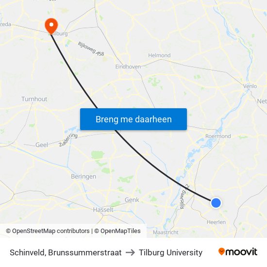 Schinveld, Brunssummerstraat to Tilburg University map