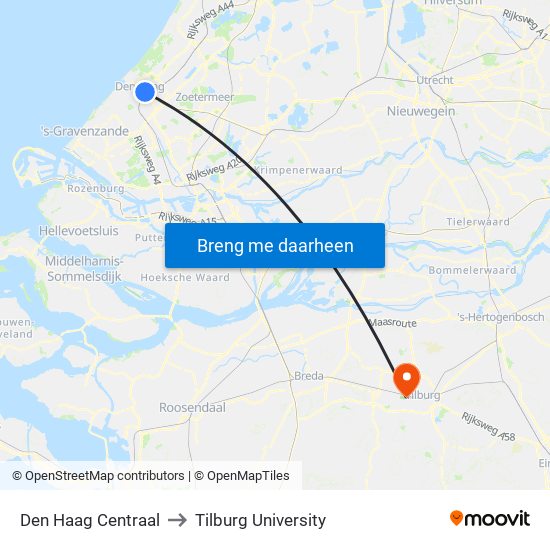 Den Haag Centraal to Tilburg University map