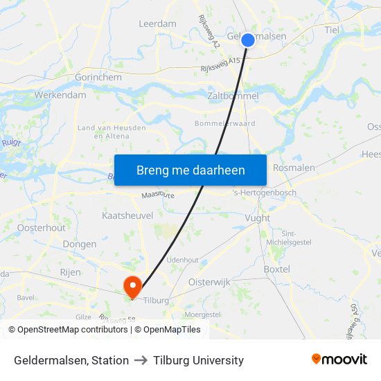 Geldermalsen, Station to Tilburg University map