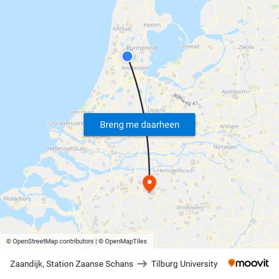 Zaandijk, Station Zaanse Schans to Tilburg University map