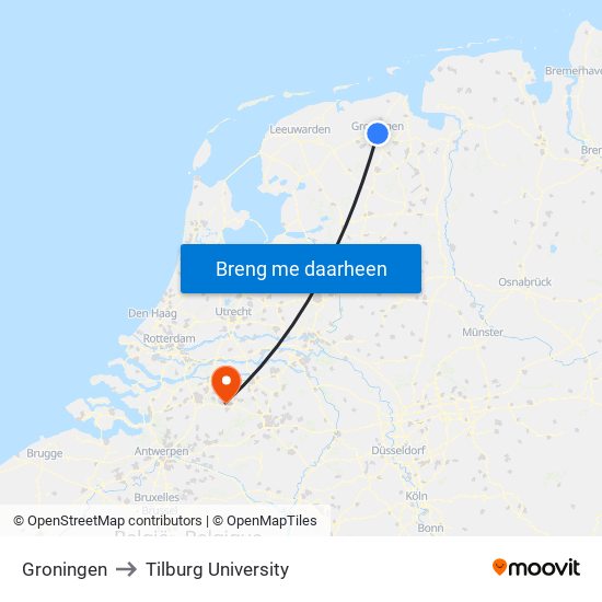 Groningen to Tilburg University map