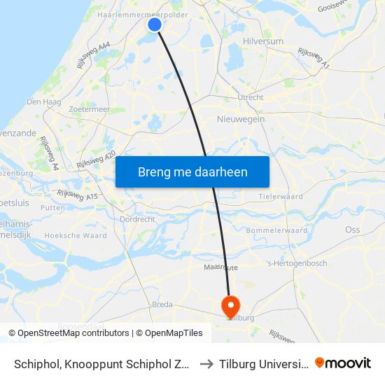 Schiphol, Knooppunt Schiphol Zuid to Tilburg University map