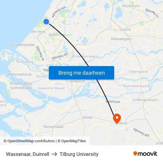 Wassenaar, Duinrell to Tilburg University map