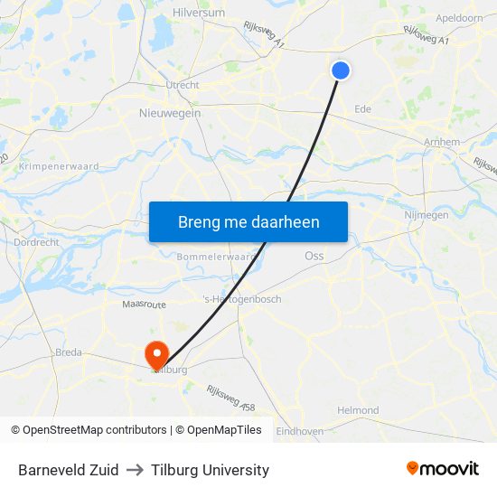 Barneveld Zuid to Tilburg University map