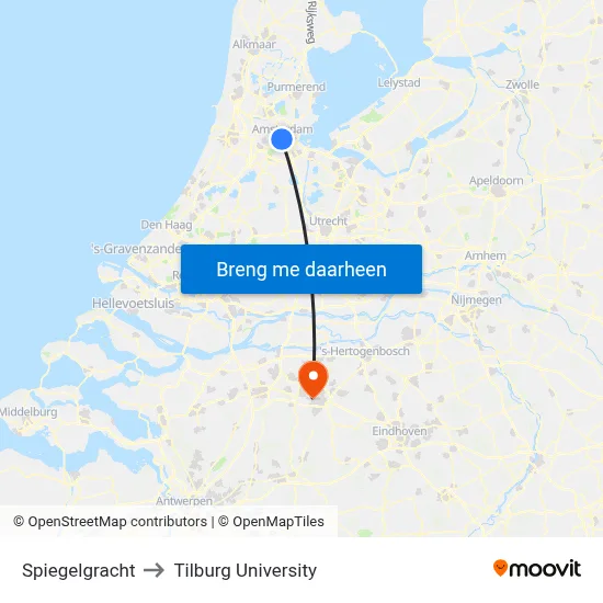 Spiegelgracht to Tilburg University map