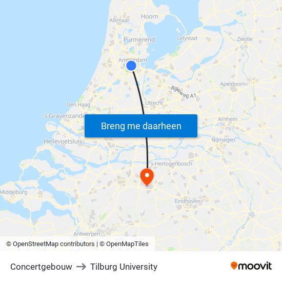 Concertgebouw to Tilburg University map