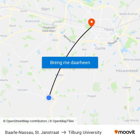 Baarle-Nassau, St. Janstraat to Tilburg University map
