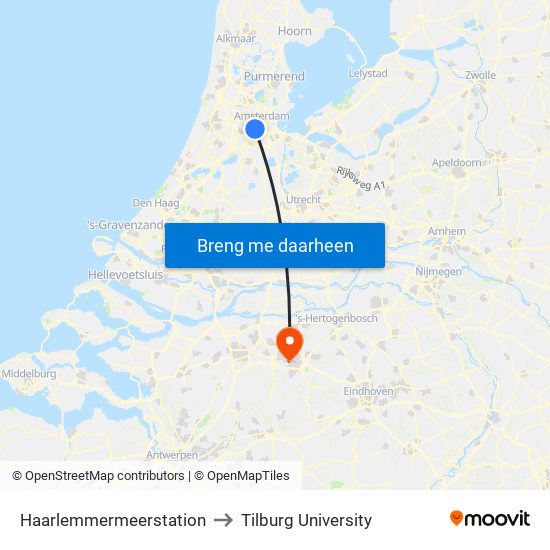 Haarlemmermeerstation to Tilburg University map