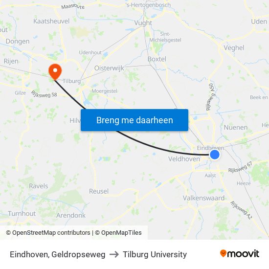 Eindhoven, Geldropseweg to Tilburg University map