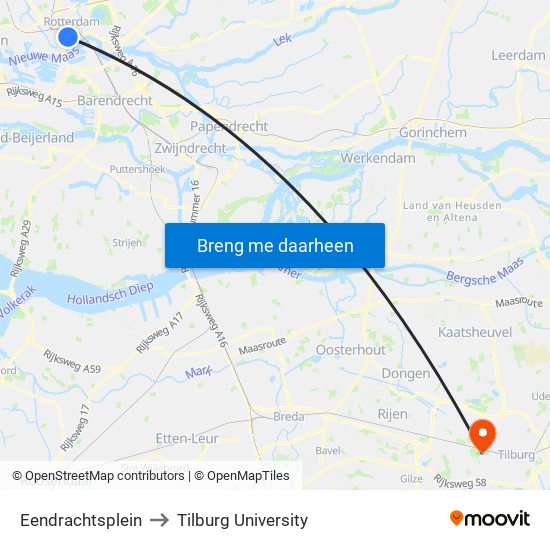 Eendrachtsplein to Tilburg University map