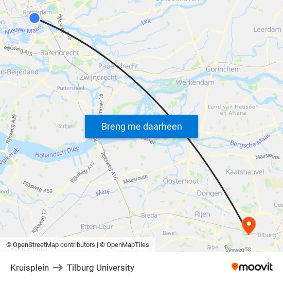 Kruisplein to Tilburg University map