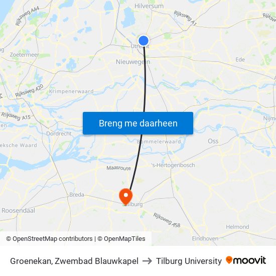 Groenekan, Zwembad Blauwkapel to Tilburg University map