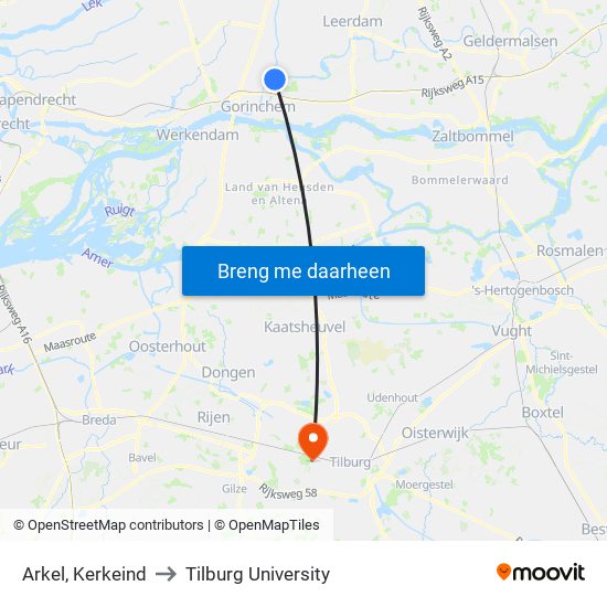 Arkel, Kerkeind to Tilburg University map