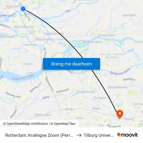 Rotterdam, Kralingse Zoom (Perron D) to Tilburg University map