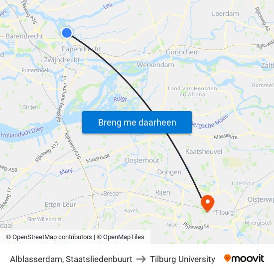 Alblasserdam, Staatsliedenbuurt to Tilburg University map