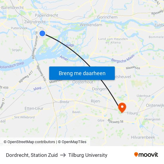 Dordrecht, Station Zuid to Tilburg University map