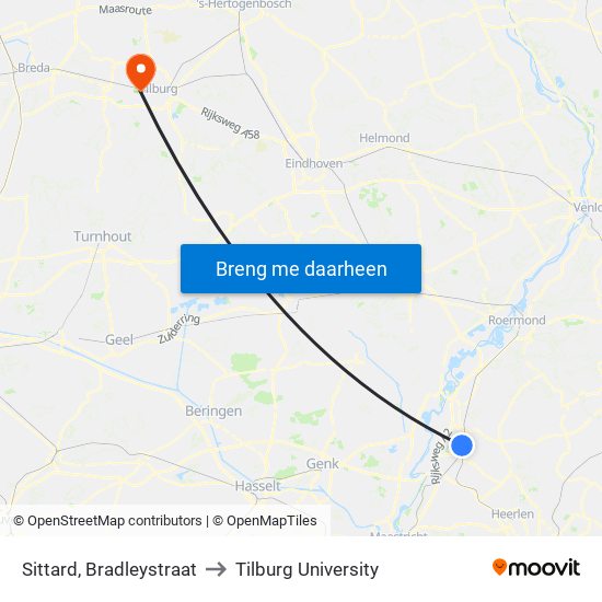 Sittard, Bradleystraat to Tilburg University map