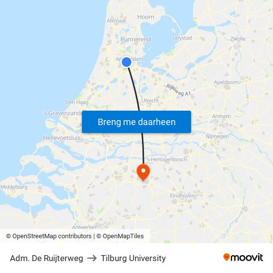 Adm. De Ruijterweg to Tilburg University map