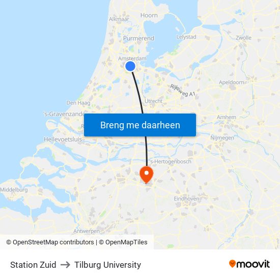 Station Zuid to Tilburg University map