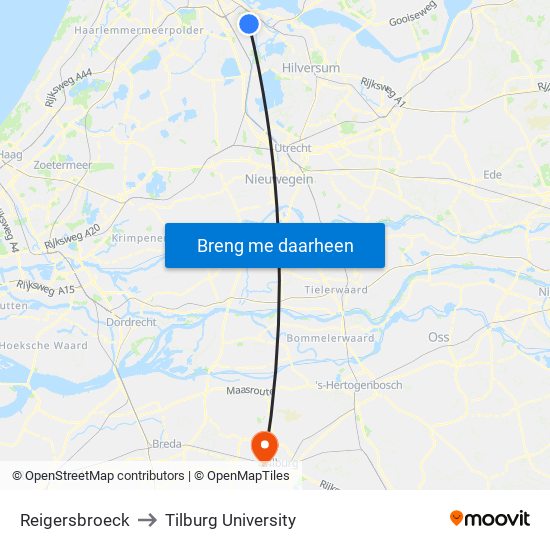 Reigersbroeck to Tilburg University map