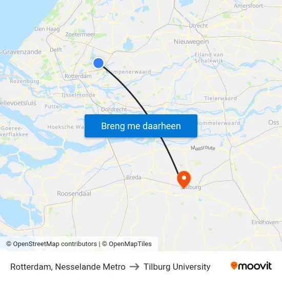 Rotterdam, Nesselande Metro to Tilburg University map