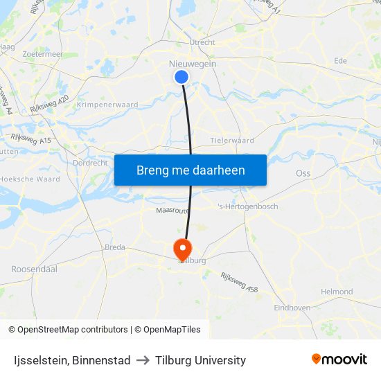 Ijsselstein, Binnenstad to Tilburg University map