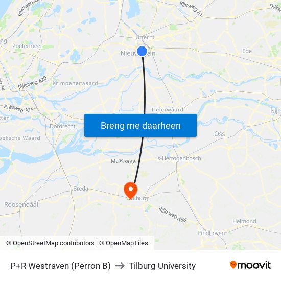 P+R Westraven (Perron B) to Tilburg University map