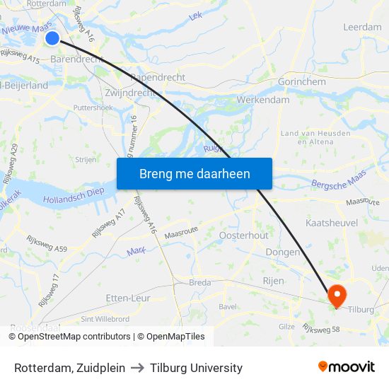 Rotterdam, Zuidplein to Tilburg University map