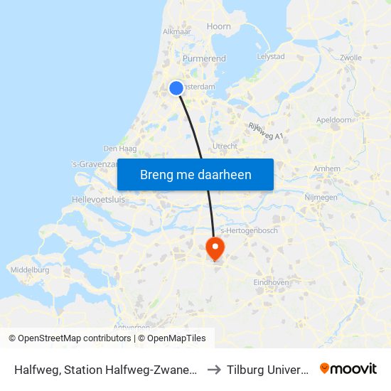 Halfweg, Station Halfweg-Zwanenbrg to Tilburg University map