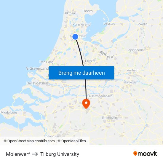 Molenwerf to Tilburg University map