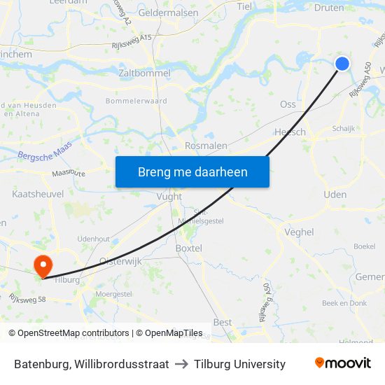 Batenburg, Willibrordusstraat to Tilburg University map