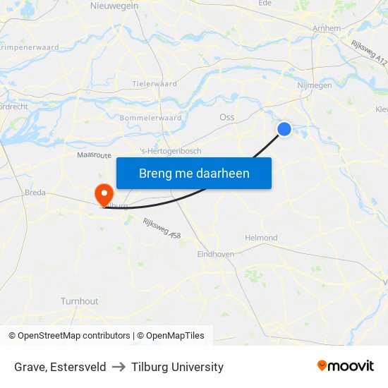 Grave, Estersveld to Tilburg University map