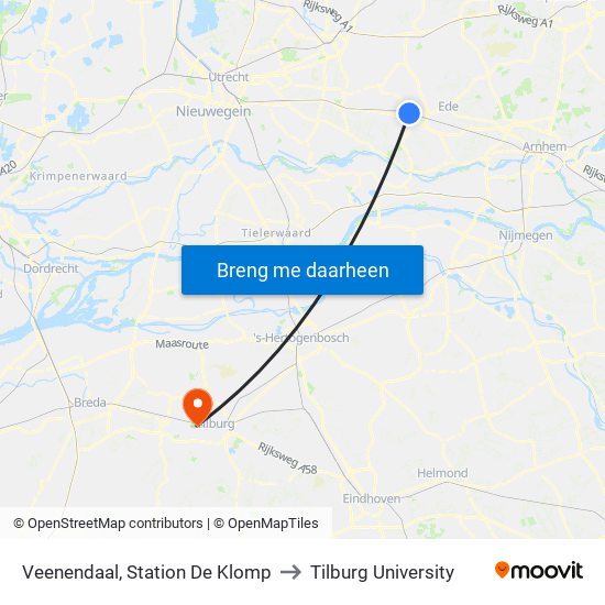 Veenendaal, Station De Klomp to Tilburg University map