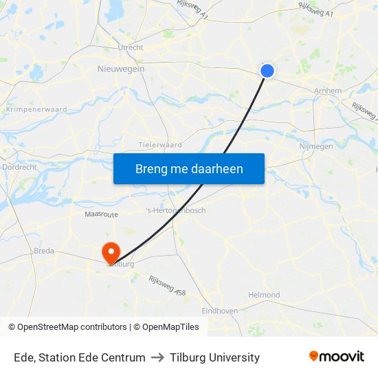 Ede, Station Ede Centrum to Tilburg University map